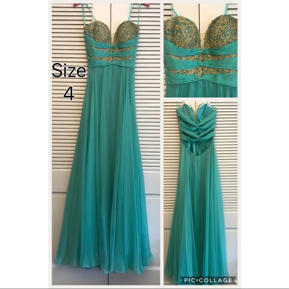 La Femme Strapless Dress in Teal and Gold